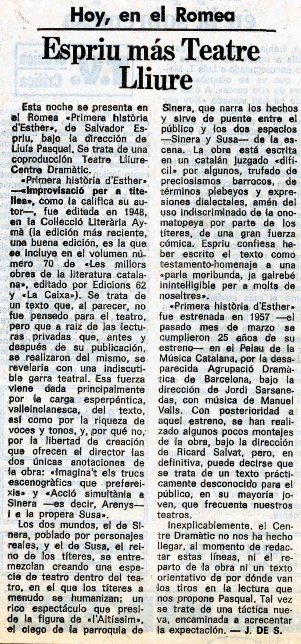 J. de S. Espriu más Teatre Lliure. La Vanguardia, 27/05/1982. Pàg. 64