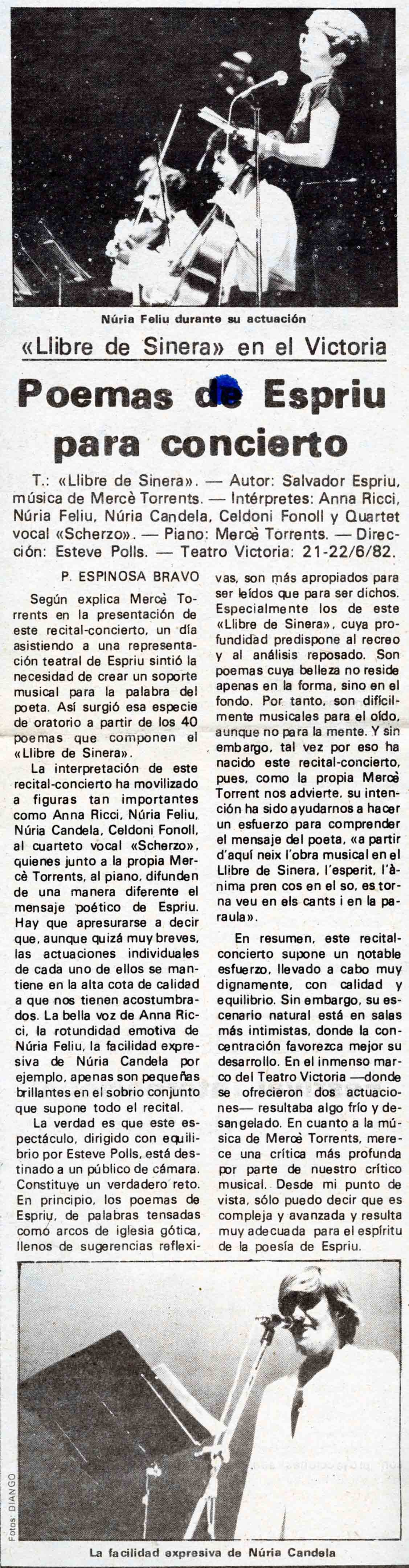 Espinosa Bravo, P. Poemsa de Espriu para concierto, 25/06/1982