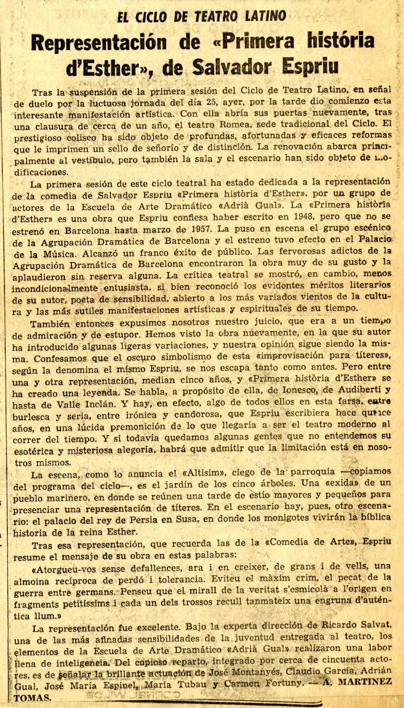 Crítica. A. Martínez Tomas. Primera història d'Esther. La Vanguardia Española. 28/09/1962
