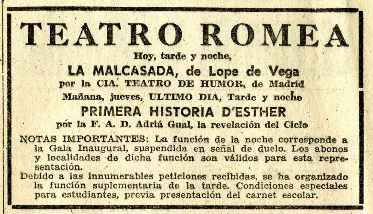 Anunci i nota informativa. Primera història d'Esther. Diari de Barcelona. 03/10/1962