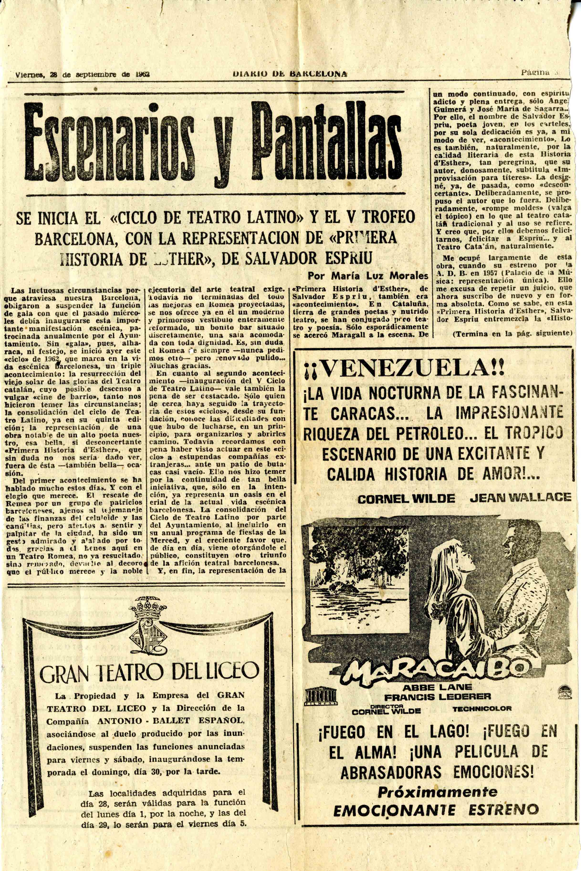Crítica. Maria Luz Morales. Primera història d'Esther. Diari de Barcelona. 28/09/1962