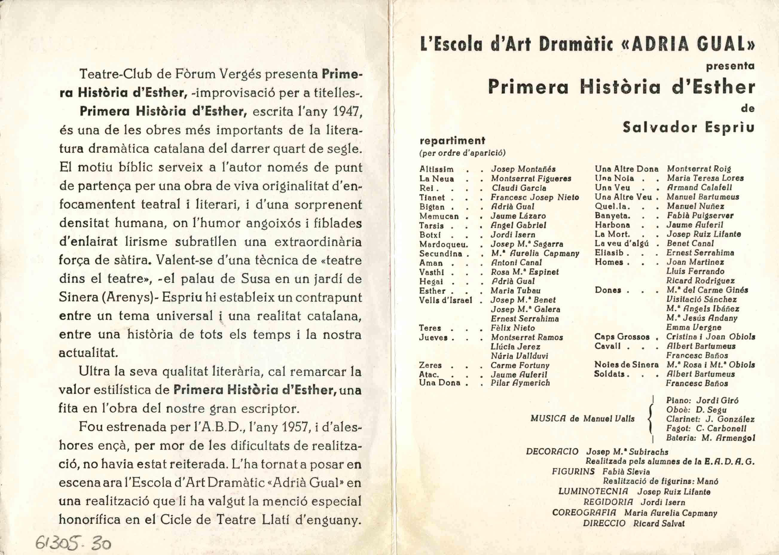 Programa de mà. Primera història d'Esther. Teatre-club. 1962