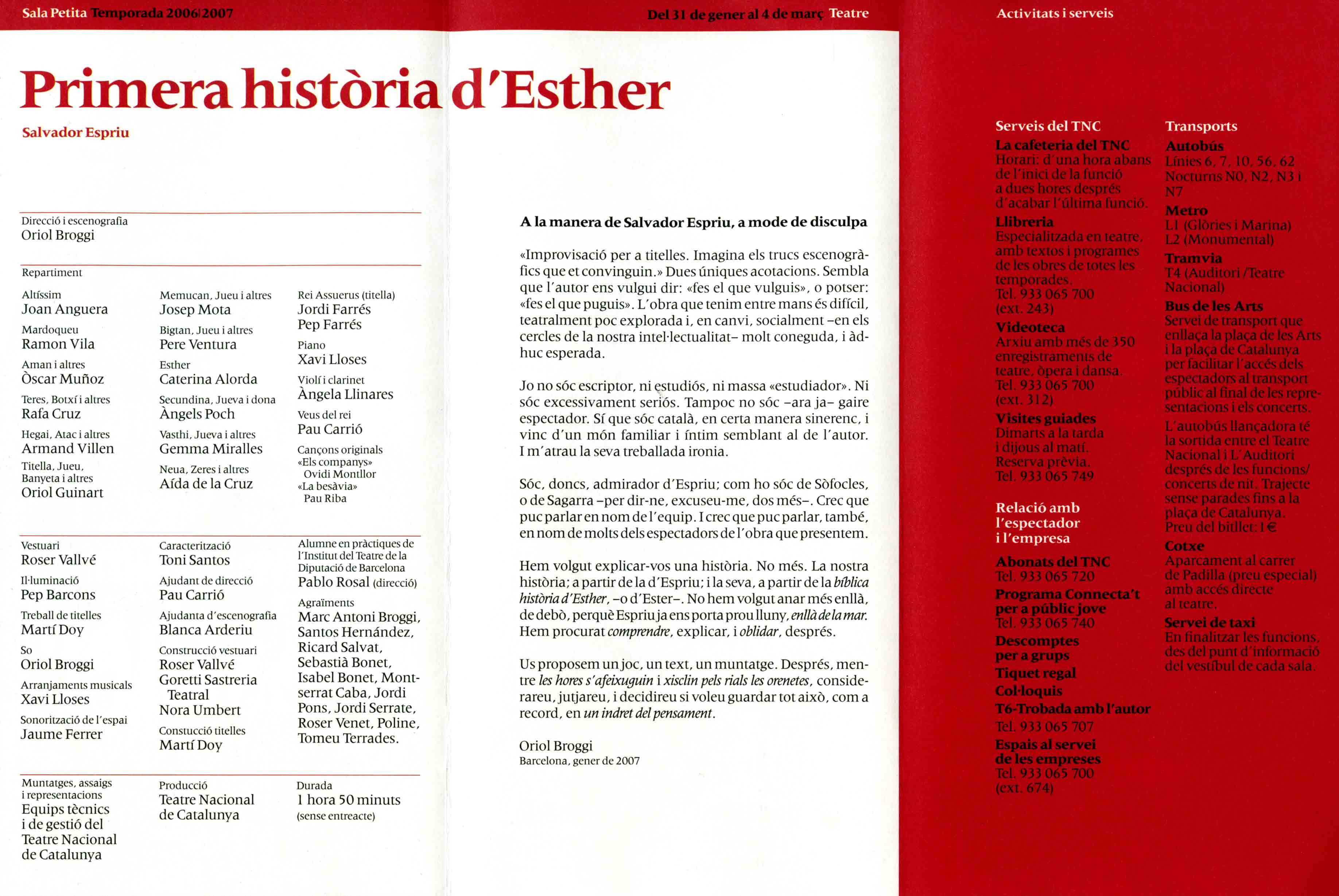 Programa. Primera història d'Esther. Teatre Nacional de Catalunya. 2007