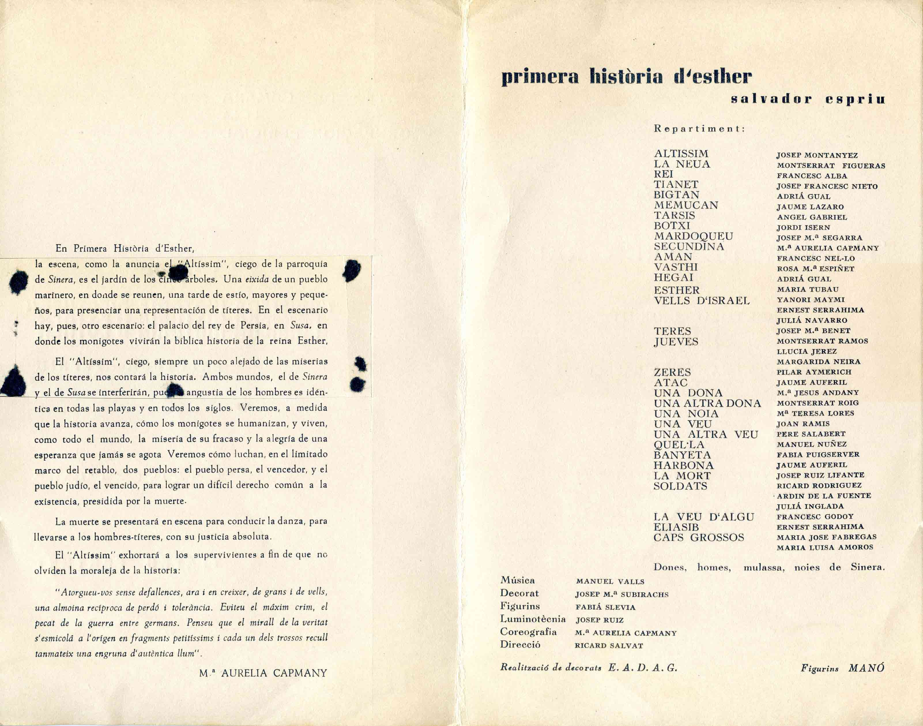 Programa de mà. Primera història d'Esther. Teatre Fortuny. 1963