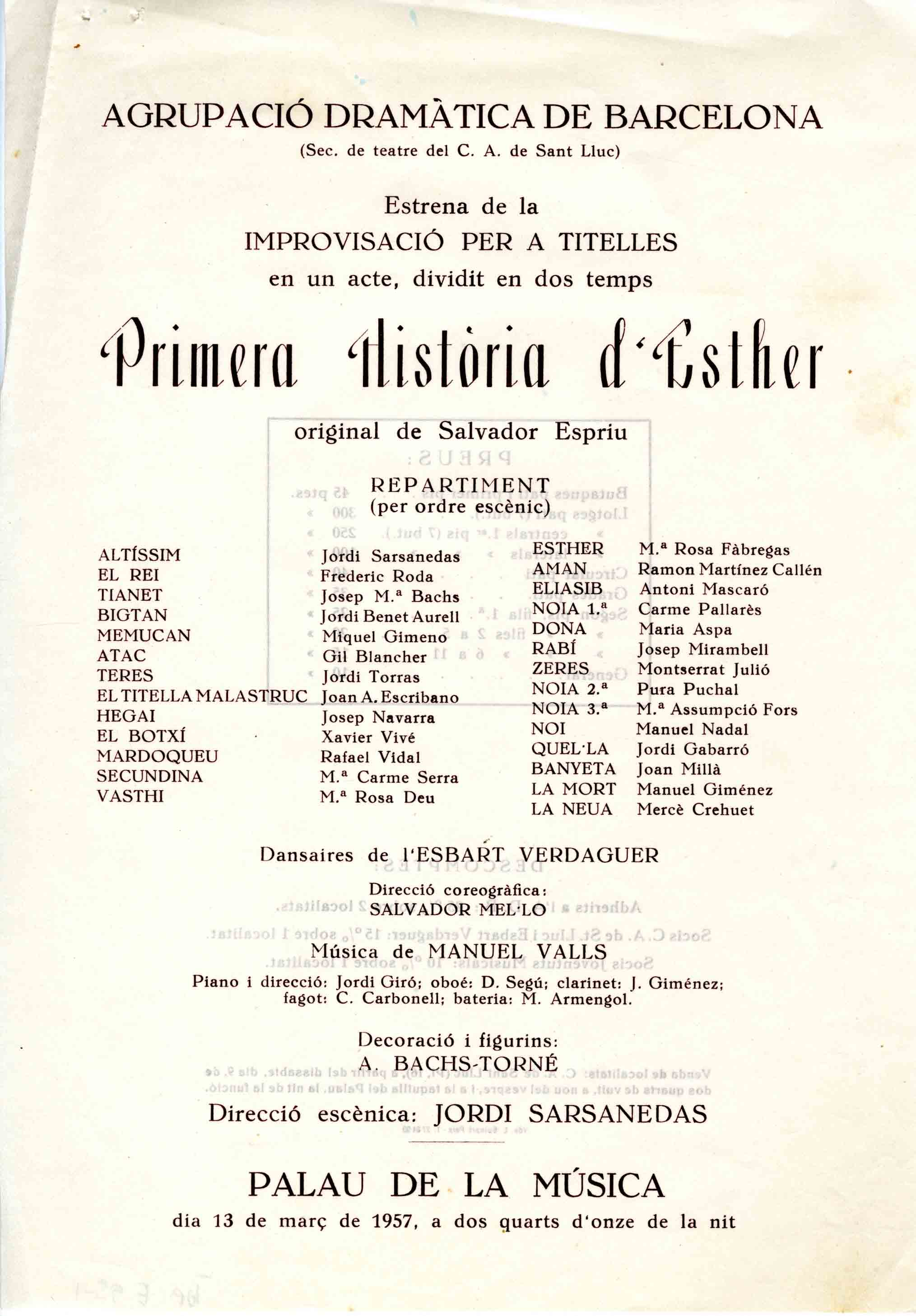 Programa. Primera història d'Esther. ADB. Palau de la Música. 1957