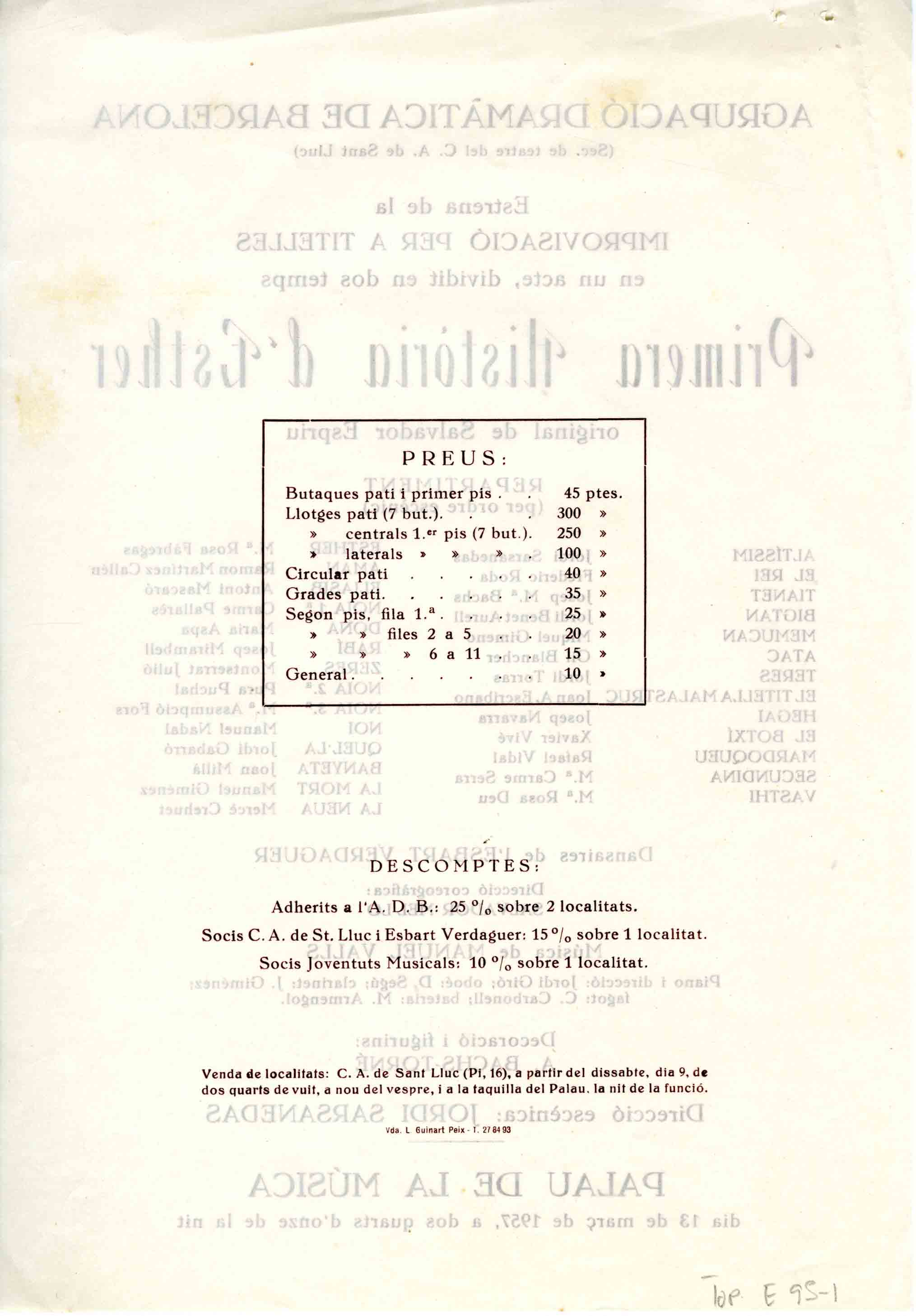 Programa. Primera història d'Esther. ADB. Palau de la Música. 1957