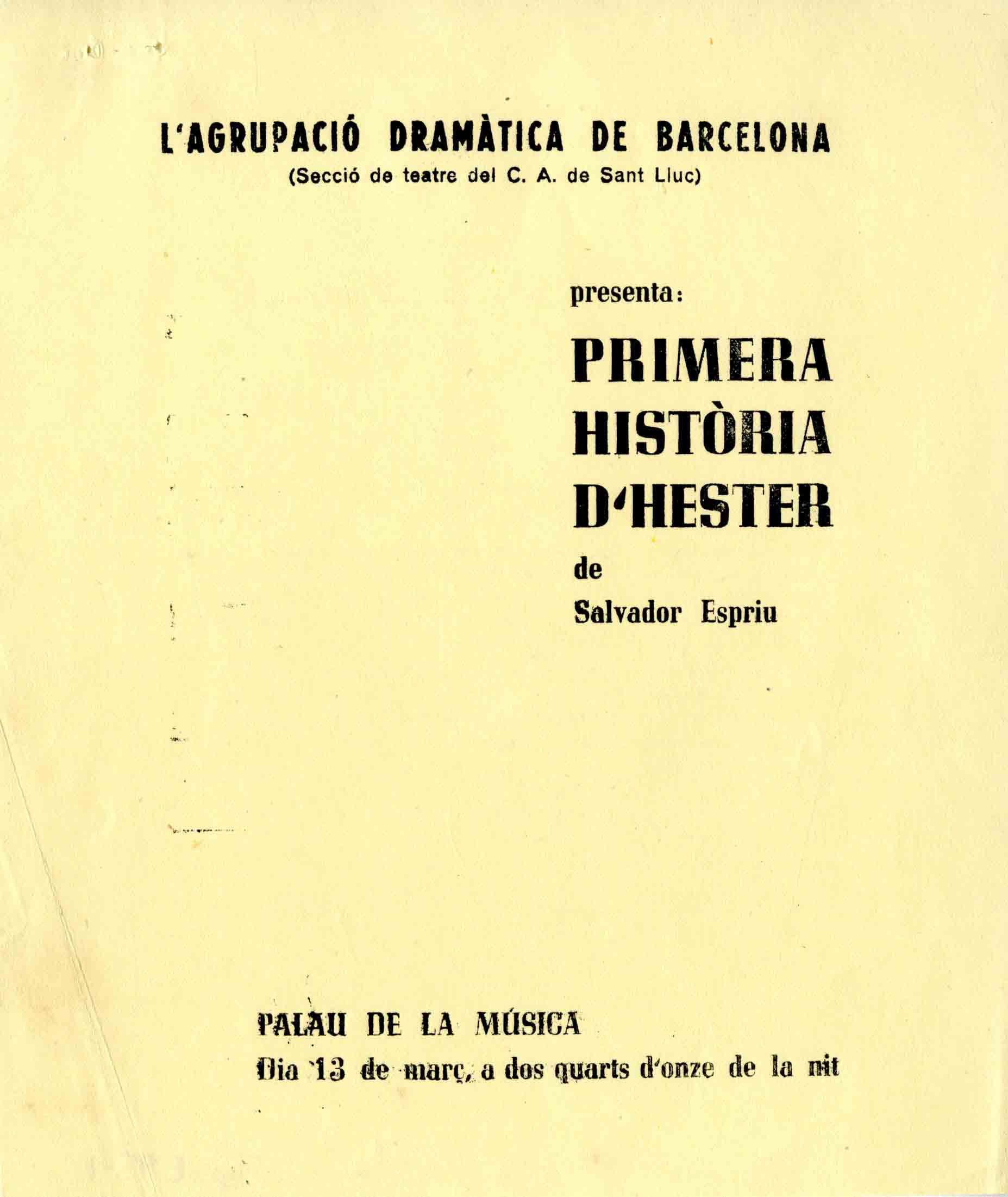 Programa. Primera història d'Esther. ADB. Palau de la Música. 1957