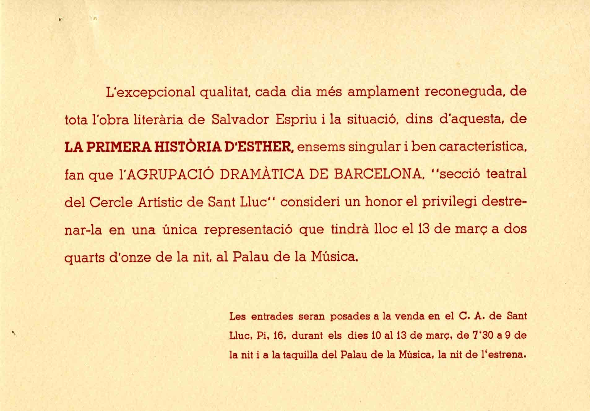 Nota publicitària. Primera història d'Esther. ADB. 1957