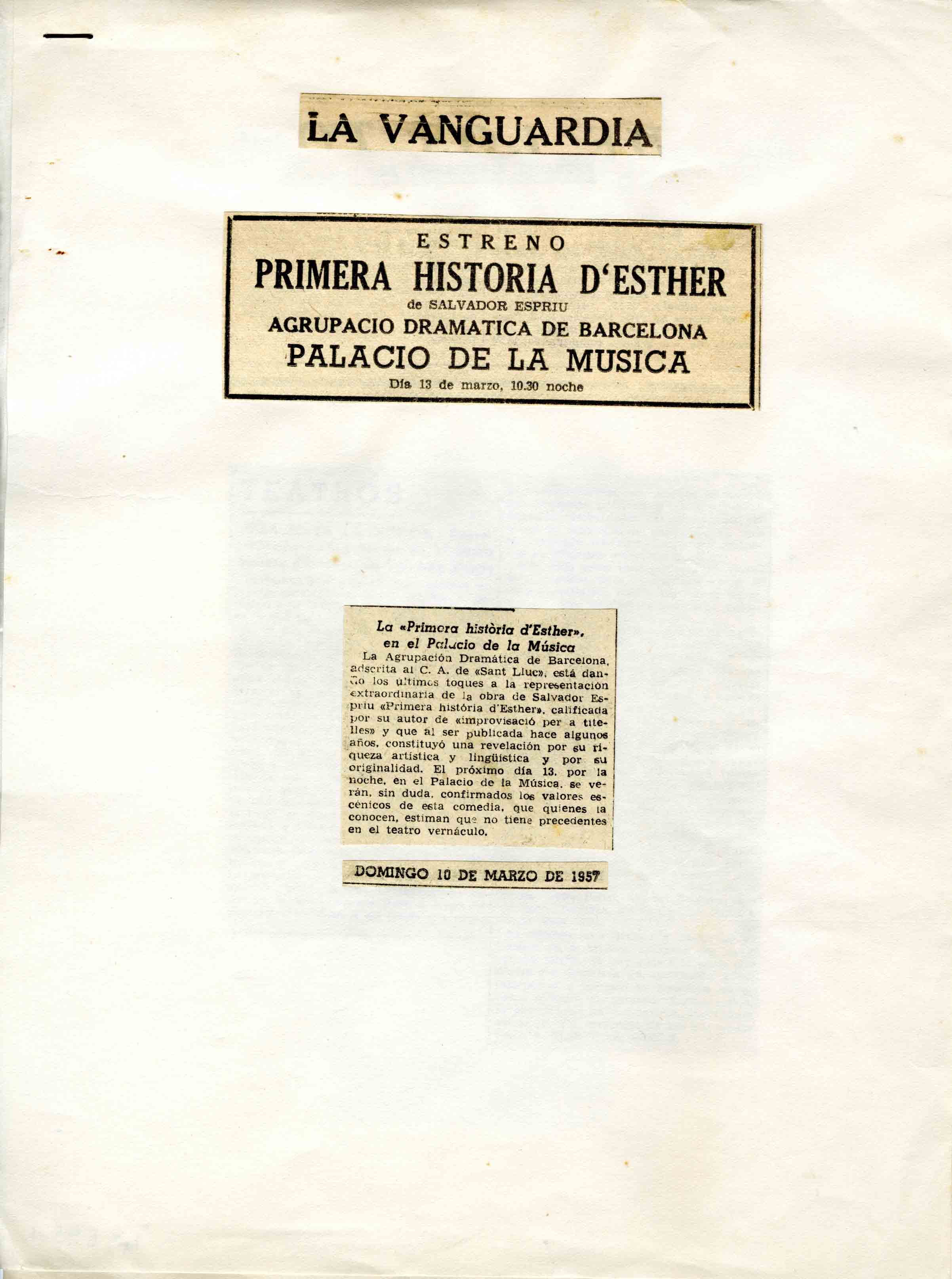 Premsa. Nota anterior a l'estrena. La Vanguardia. 10/03/1957