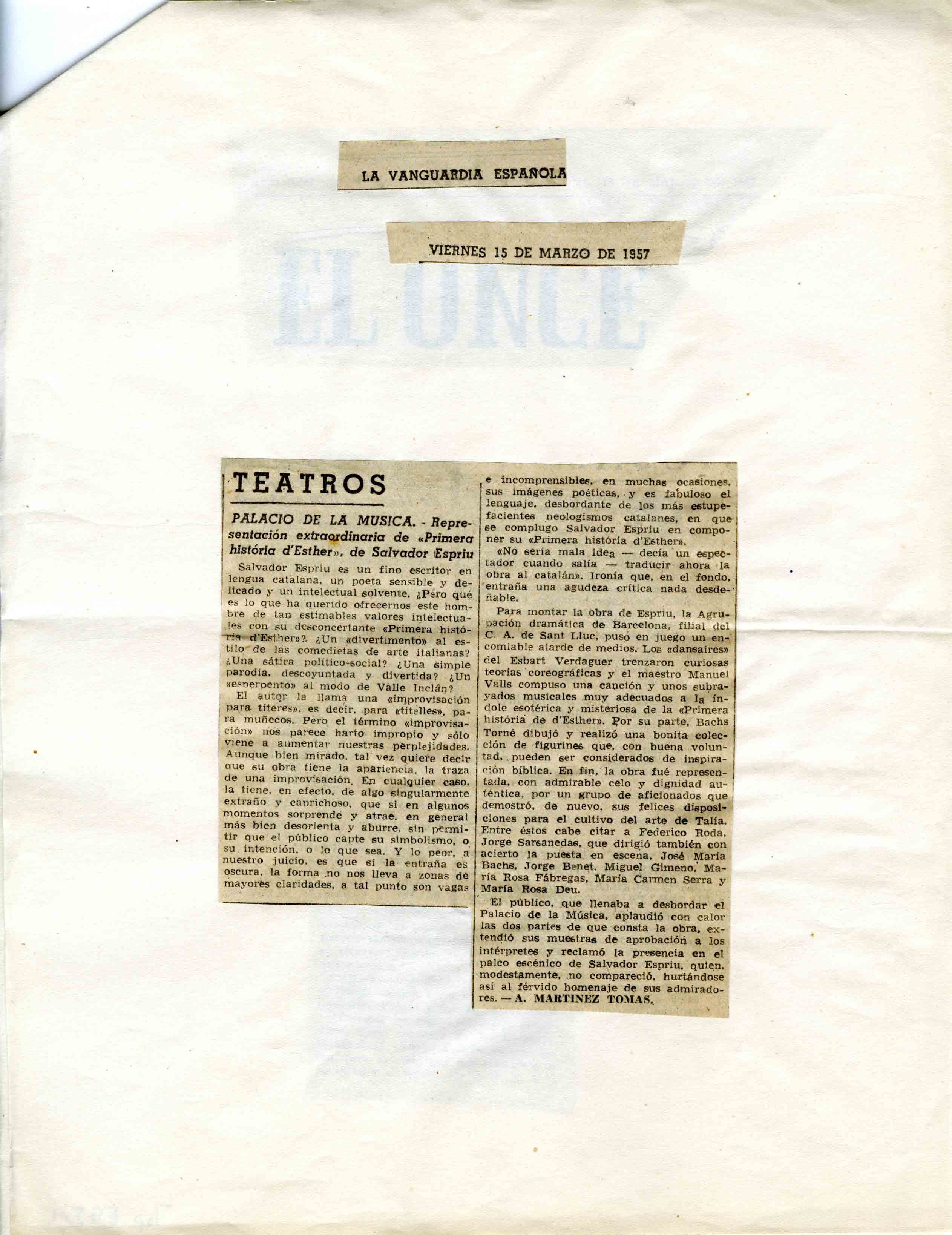 Premsa. Crítica d'A. Martínez Tomás. La Vanguardia. 15/03/1957