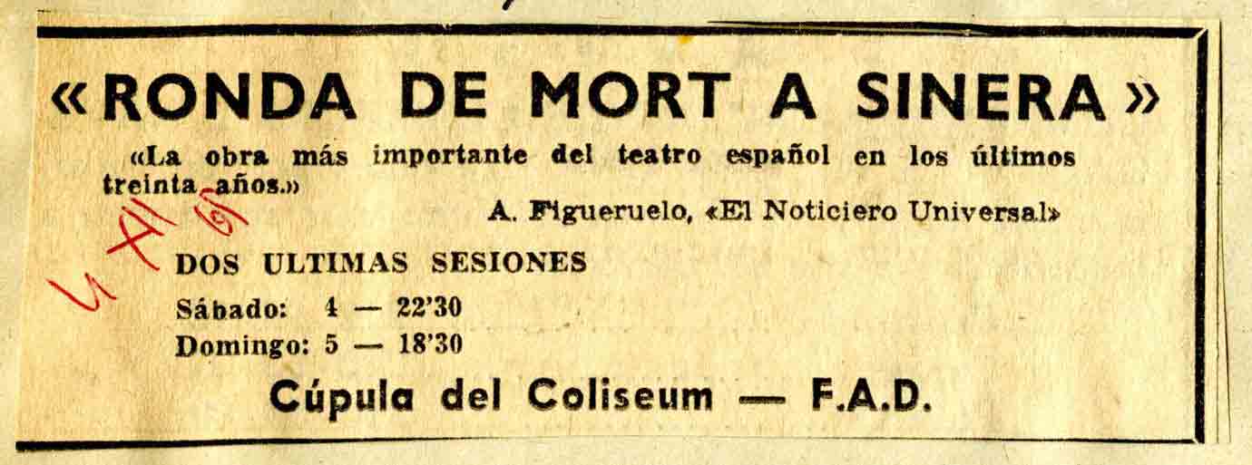 Premsa. Anunci de la representació. Ronda de mort a Sinera. Cúpula Coliseum, 1965