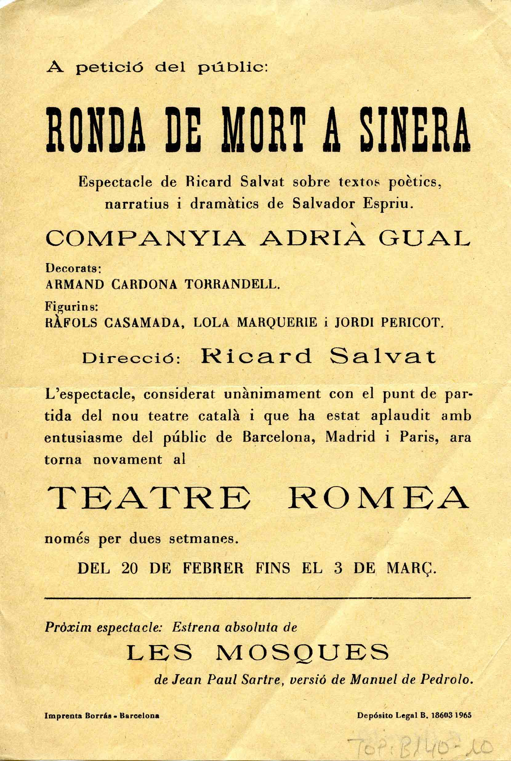 Programa. Ronda de mort a Sinera. Companyia Adrià Gual. Teatre Romea, 1968