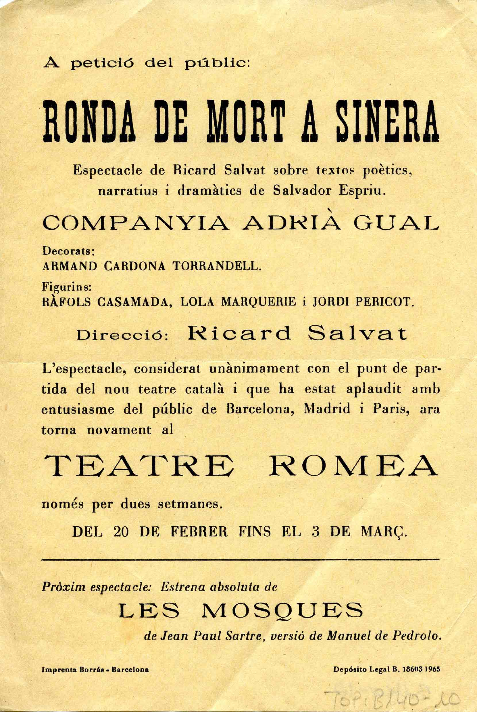 Programa. Ronda de mort a Sinera. Companyia Adrià Gual. Teatre Romea, 1968
