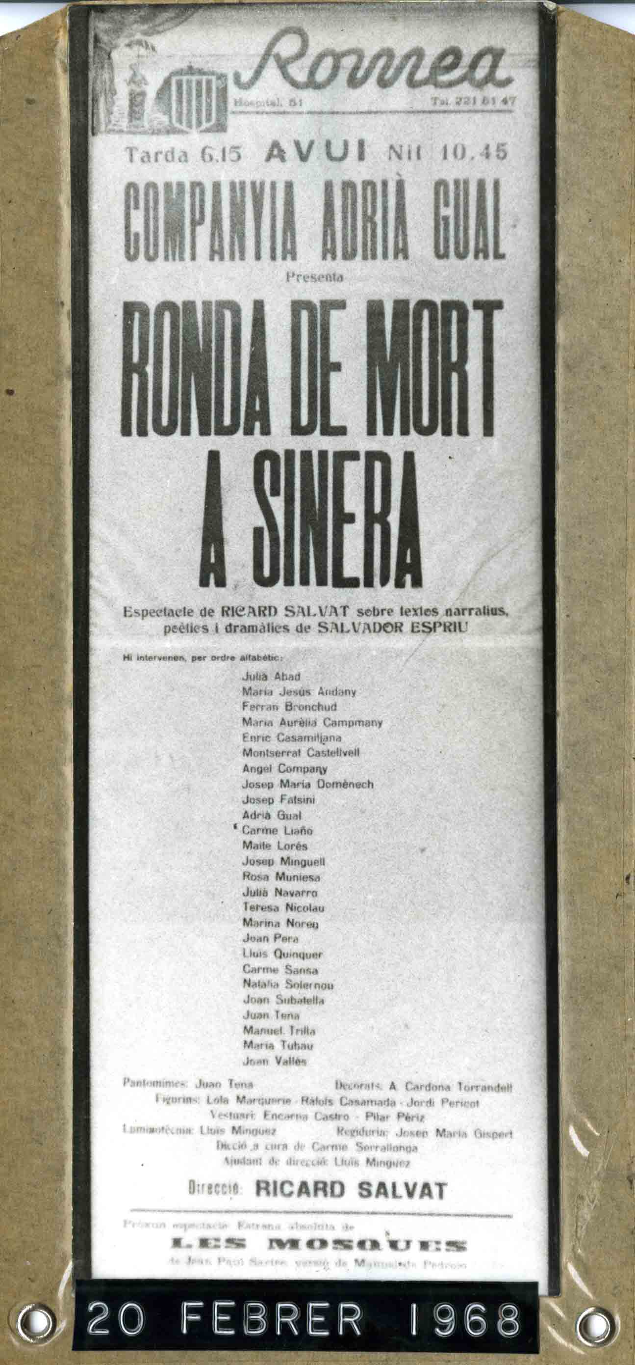 Cartell. Ronda de mort a Sinera. Companyia Adrià Gual. Teatre Romeam, 1968